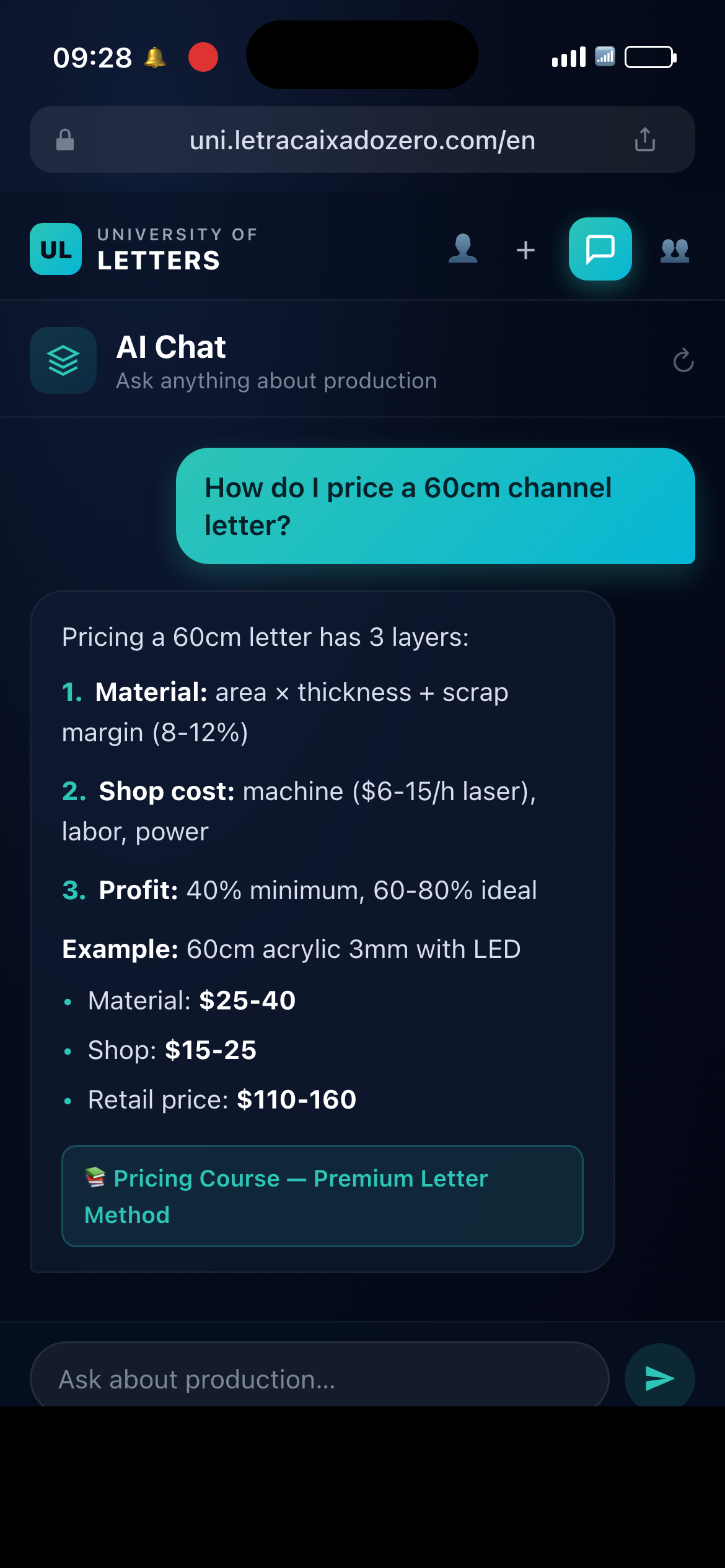 AI Chat — How to price a 60cm channel letter