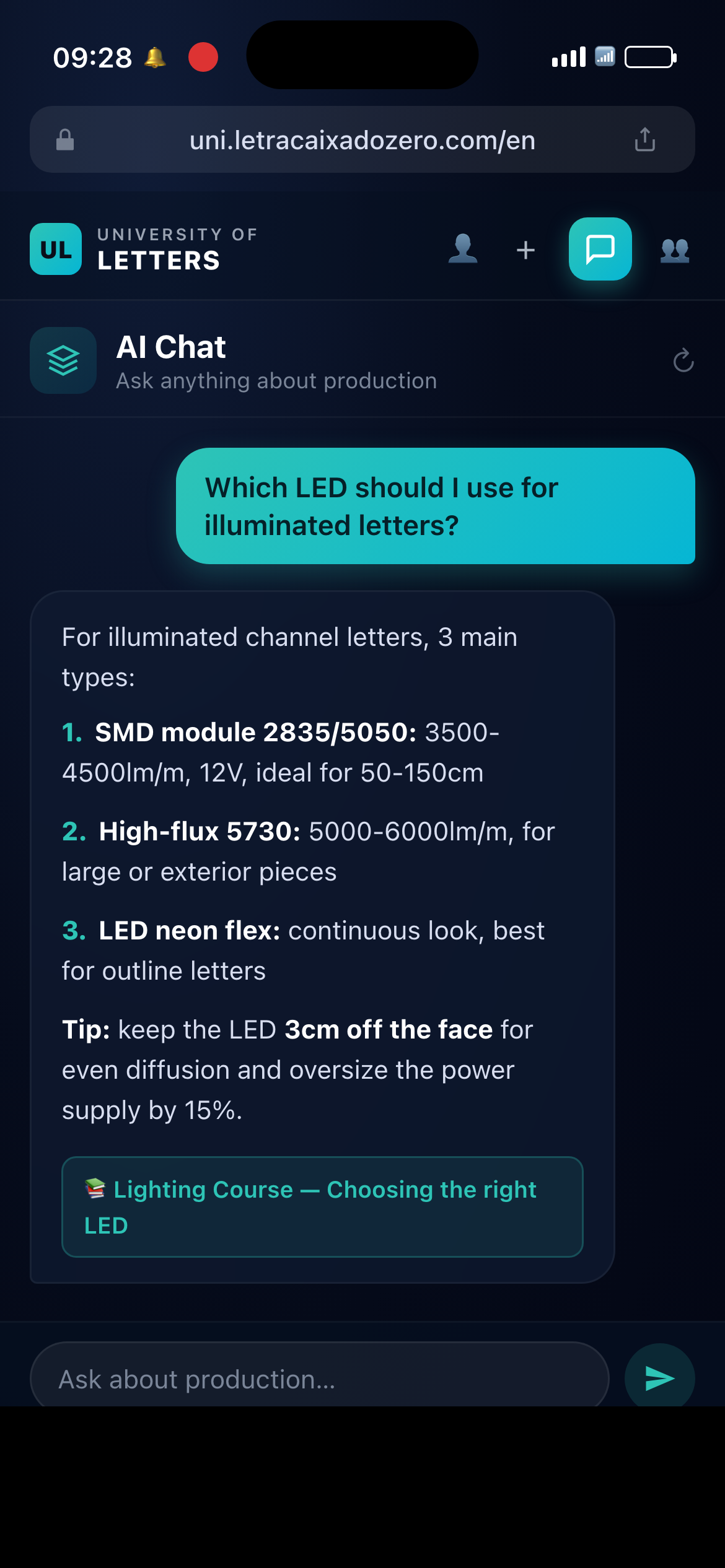 AI Chat — Which LED for illuminated letters